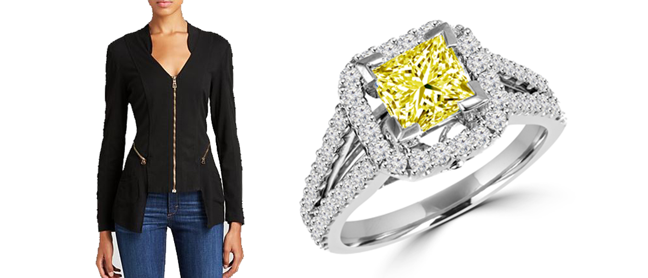 Black jacket and yellow diamond ring
