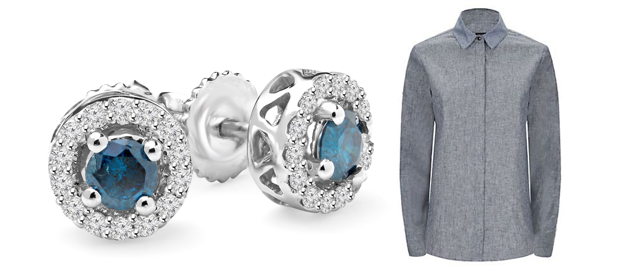 Grey shirt and blue diamond earrings